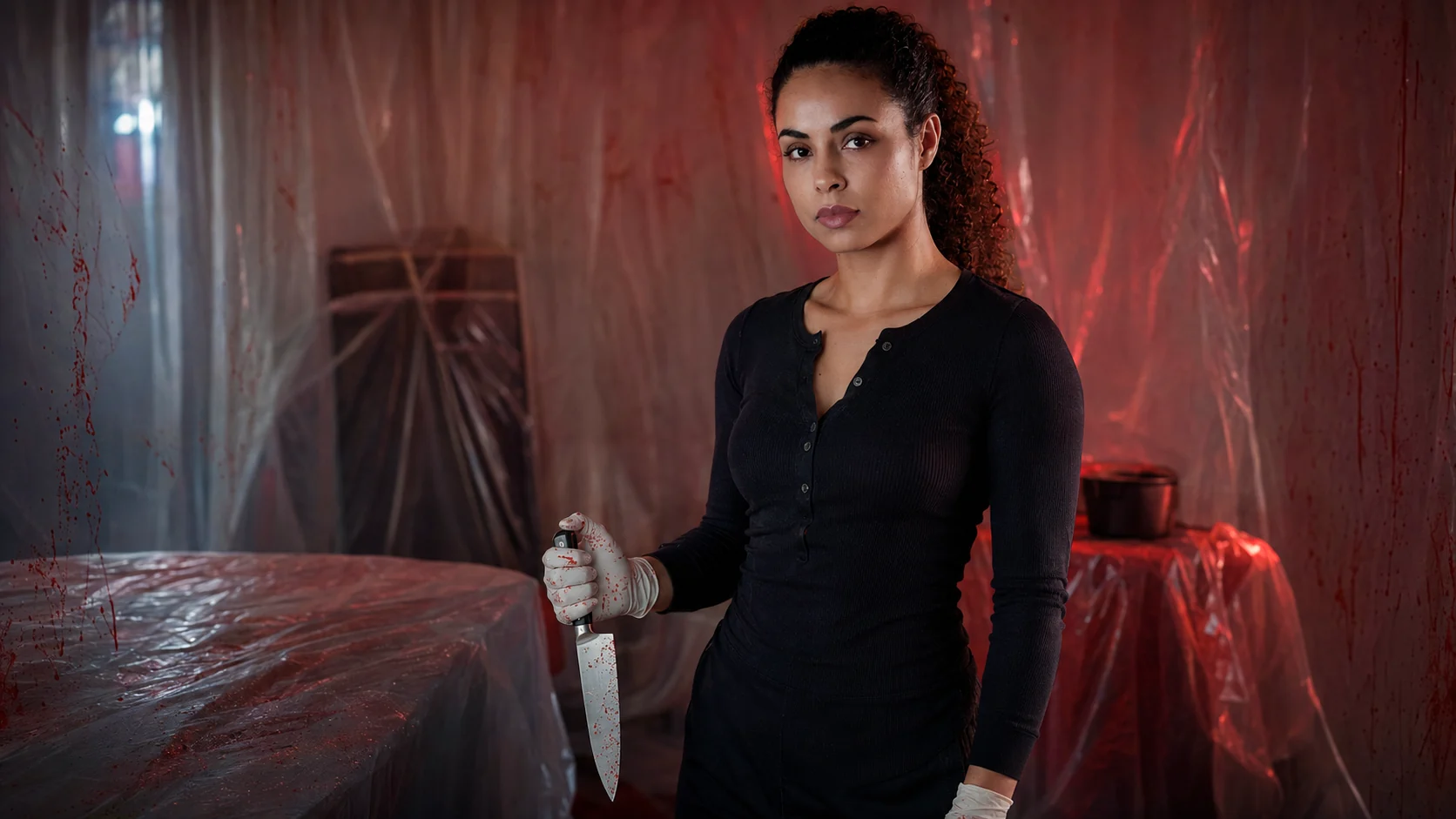Marcia Do Vales interpretation of Dexter Morgan holding a knife in a plastic-covered room
