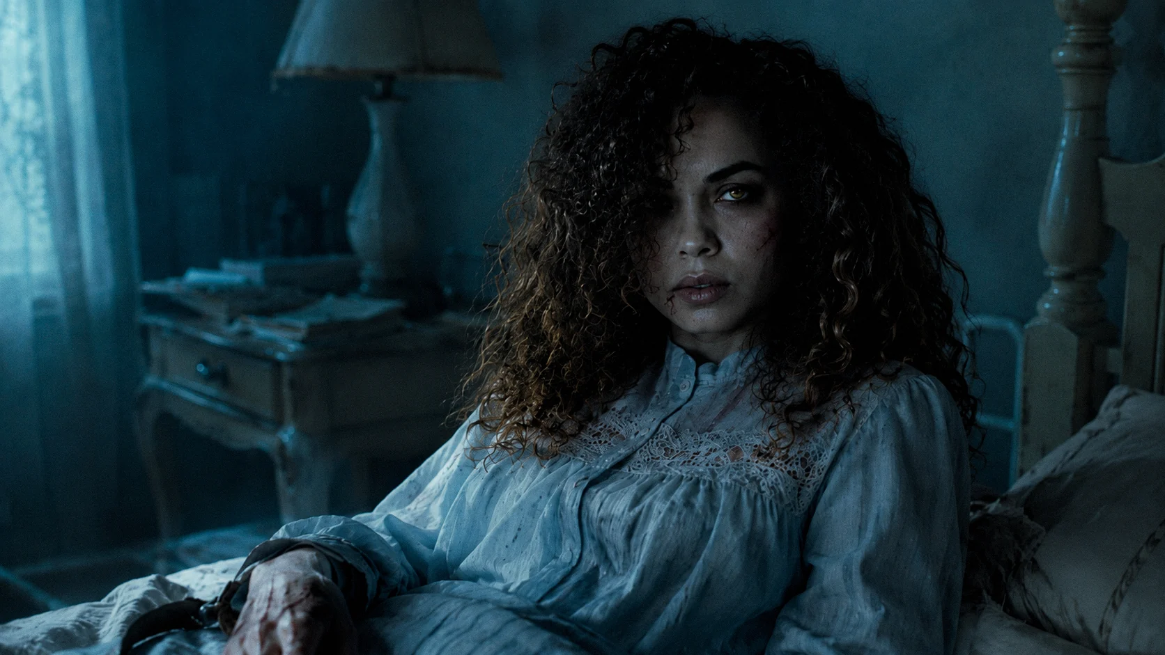 Marcia Do Vales interpretation of Regan MacNeil in a cold blue bedroom