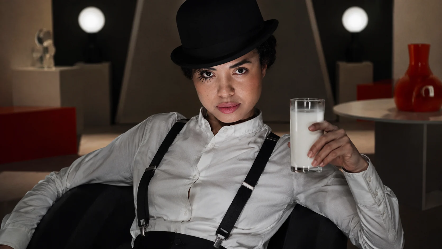Marcia Do Vales interpretation of Alex DeLarge with bowler hat and milk glass