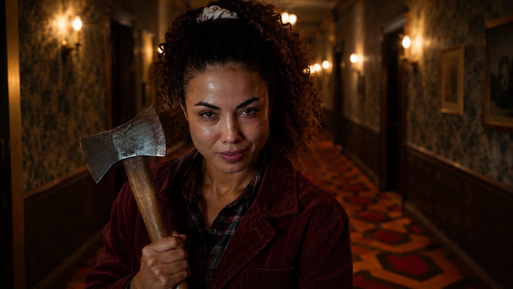 Marcia Do Vales interpretation of Jack Torrance holding an axe in a hotel corridor