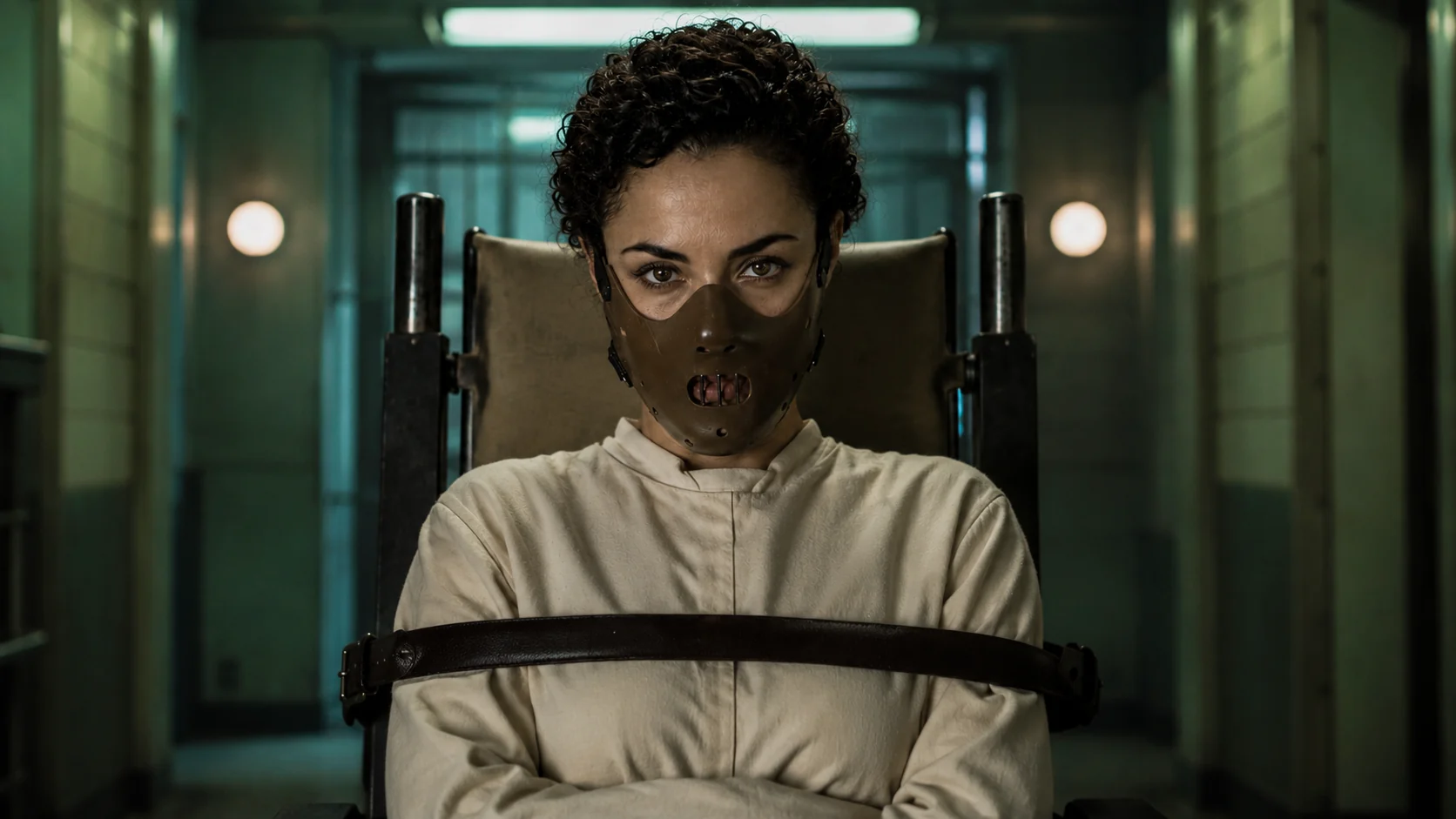 Marcia Do Vales interpretation of Hannibal Lecter restrained in an institutional corridor