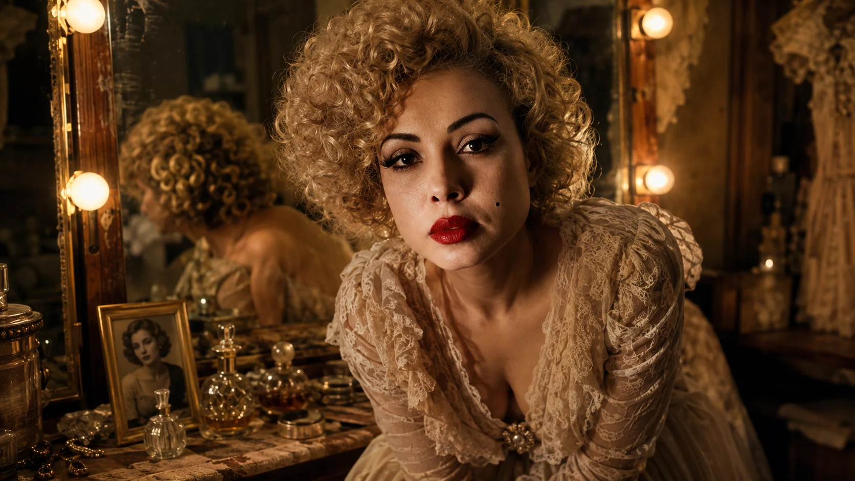 Marcia Do Vales interpretation of Baby Jane in a theatrical dressing room